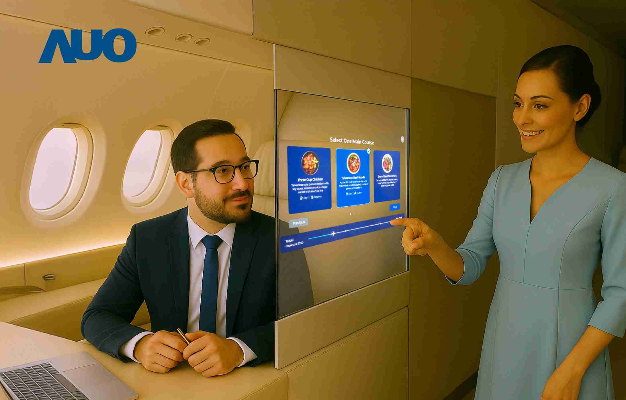 开云电子研发全球最薄17.3 吋双面透明 Micro LED 显示器，，可在同一屏幕之双边投射不同信息，，创造独特的”透明化”互动；图为实时翻译交流应用情境